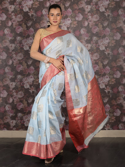 Rajwada Light Blue Woven Silk Blend Saree With Unstitched Blouse For Women