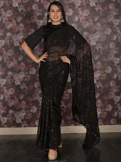 Rajwada Black Heavy Sequins Embroidered Georgette Saree with Unstitched Blouse for Women