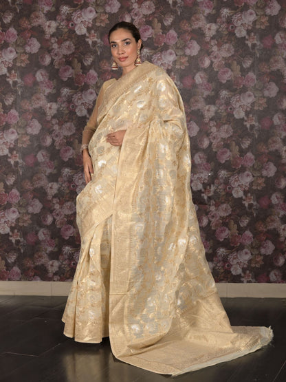 Rajwada Cream Cotton Blend Woven Saree with Unstitched Blouse for Women