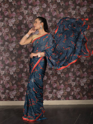 Rajwada Teal Printed Georgette Saree with Unstitched Blouse for Women