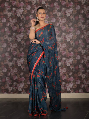 Rajwada Teal Printed Georgette Saree with Unstitched Blouse for Women