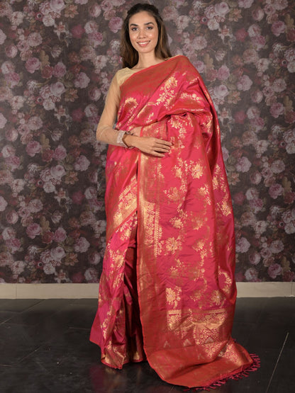 Rajwada Magenta Woven Silk Blend Saree with Unstitched Blouse for Women