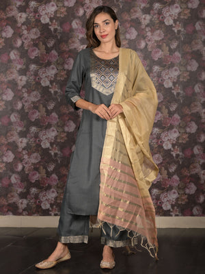 Rajwada Dark Grey Cotton Blend Woven Stitched Kurta Set for Women
