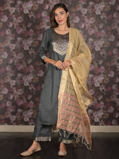 Rajwada Dark Grey Cotton Blend Woven Stitched Kurta Set for Women