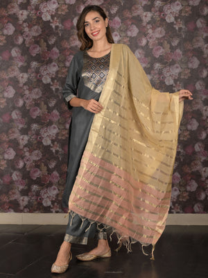 Rajwada Dark Grey Cotton Blend Woven Stitched Kurta Set for Women