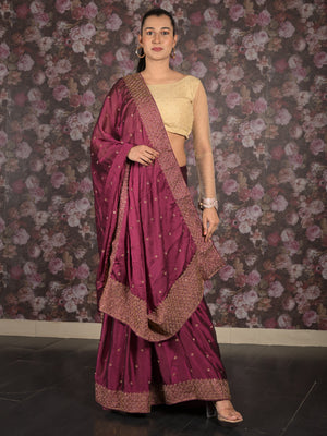 Rajwada Wine Zari Embroidered Crepe Saree with Unstitched Blouse for Women