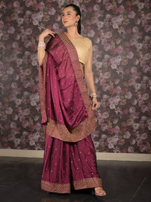Rajwada Wine Zari Embroidered Crepe Saree with Unstitched Blouse for Women