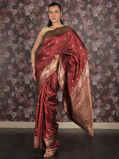 Rajwada Maroon Silk Blend Woven Saree with Unstitched Blouse for Women