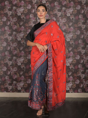 Rajwada Red Embroidered Crepe Silk Blend And Net Half-n-Half Saree Without Blouse For Women