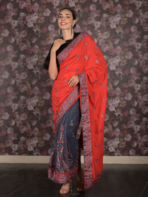 Rajwada Red Embroidered Crepe Silk Blend And Net Half-n-Half Saree Without Blouse For Women