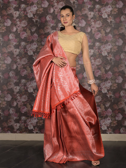 Rajwada Orange Woven Silk Blend Saree With Unstitched Blouse For Women