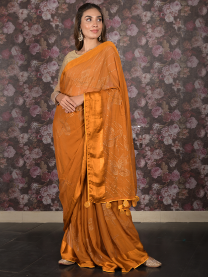 Rajwada Mustard Embellished Chiffon Saree with Unstitched Blouse for Women