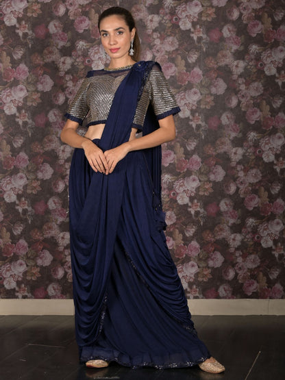 Rajwada Navy Blue Lycra Embellished Ready-To-Wear Saree With Stitched Blouse For Women