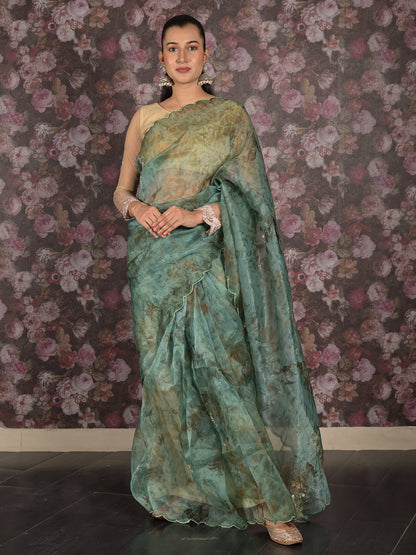 Rajwada Dark Green Beads Embroidered Organza Saree Without Blouse For Women