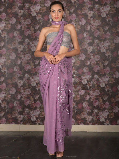 Rajwada Lilac Sequins Embroidered Georgette Saree for Women