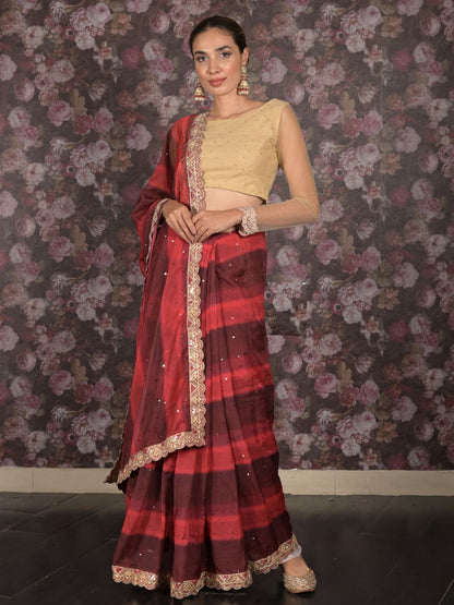 Rajwada Maroon Embroidered Crepe Saree with Unstitched Blouse for Women
