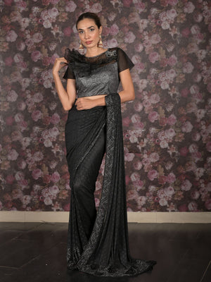 Rajwada Black Lycra Embellished Ready-To-Wear Saree With Stitched Blouse For Women
