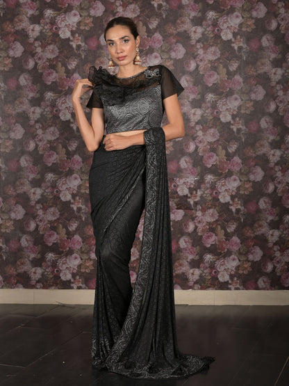 Rajwada Black Lycra Embellished Ready-To-Wear Saree With Stitched Blouse For Women