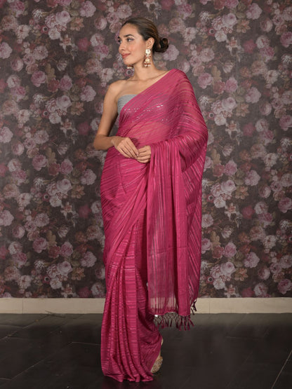 Rajwada Magenta Woven Crepe Saree with Unstitched Blouse for Women