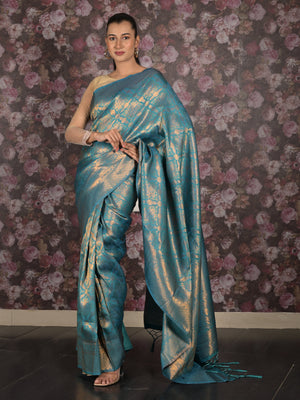 Rajwada Sea Green Cotton Blend Woven Saree with Unstitched Blouse for Women