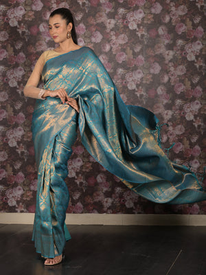 Rajwada Sea Green Cotton Blend Woven Saree with Unstitched Blouse for Women