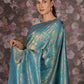 Rajwada Sea Green Cotton Blend Woven Saree with Unstitched Blouse for Women