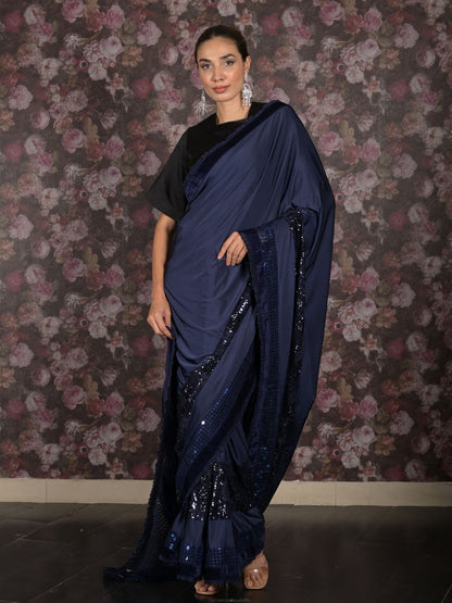 Rajwada Navy Blue Sequins Embroidered Lycra Saree with Unstitched Blouse for Women