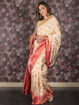 Rajwada White Woven Polyester Saree With Unstitched Blouse For Women