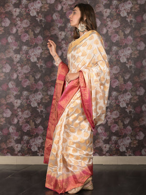 Rajwada White Woven Polyester Saree With Unstitched Blouse For Women