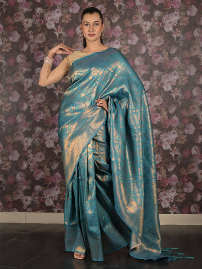 Rajwada Blue Woven Silk Blend Saree With Unstitched Blouse For Women