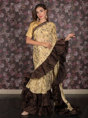 Rajwada Beige and Brown Foil Printed Ruffles Lycra Saree for Women