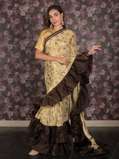 Rajwada Beige and Brown Foil Printed Ruffles Lycra Saree for Women
