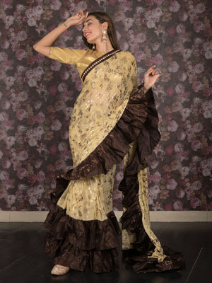 Rajwada Beige and Brown Foil Printed Ruffles Lycra Saree for Women