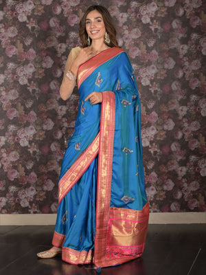 Rajwada Teal Satin Embroidered Saree With Unstitched Blouse For Women