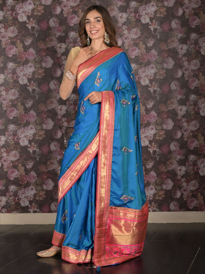 Rajwada Teal Satin Embroidered Saree With Unstitched Blouse For Women