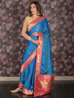 Rajwada Teal Satin Embroidered Saree With Unstitched Blouse For Women
