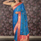 Rajwada Teal Satin Embroidered Saree With Unstitched Blouse For Women