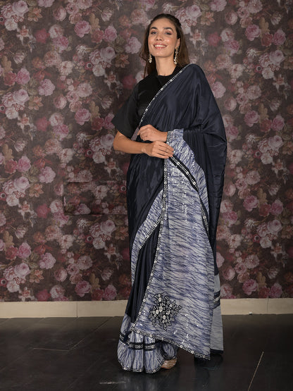 Rajwada Navy Blue Sequins Embroidered Crepe Saree with Unstitched Blouse for Women