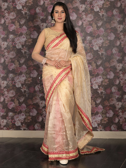 Rajwada Beige Gota and Sequins Embroidered Organza Saree with Unstitched Blouse for Women