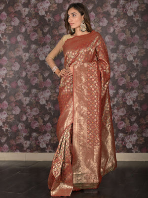 Rajwada Red Shaded Silk Blend Woven Saree with Unstitched Blouse for Women