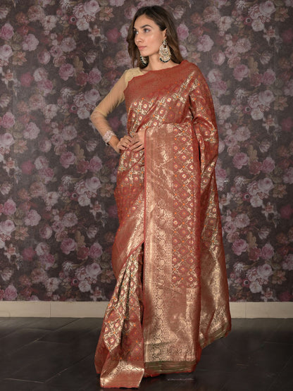 Rajwada Red Shaded Silk Blend Woven Saree with Unstitched Blouse for Women