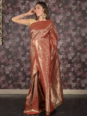 Rajwada Red Shaded Silk Blend Woven Saree with Unstitched Blouse for Women
