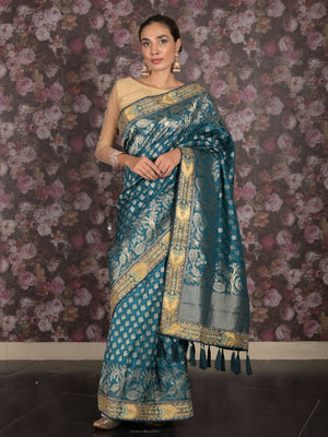 Rajwada Teal Woven Heavy Silk Blend Bridal Saree With Unstitched Blouse For Women