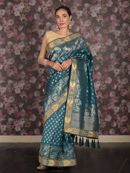 Rajwada Teal Woven Heavy Silk Blend Bridal Saree With Unstitched Blouse For Women
