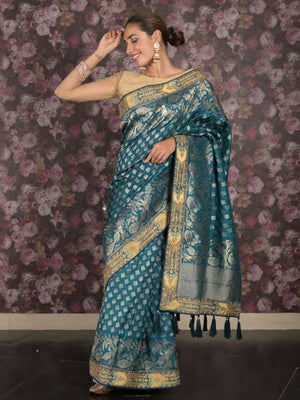 Rajwada Teal Woven Heavy Silk Blend Bridal Saree With Unstitched Blouse For Women