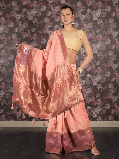 Rajwada Peach Embellished Crepe Saree Without Blouse For Women