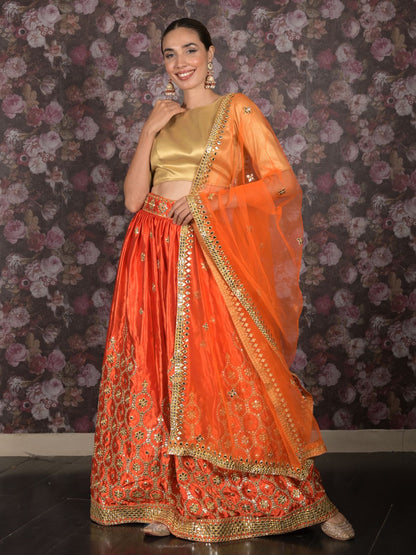 Rajwada Orange Satin Embroidered Semi Stitched Lehenga With Unstitched Blouse For Women