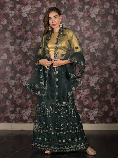 Rajwada Dark Green Embroidered Semi-Stitched Net Lehenga with Unstitched Blouse for Women