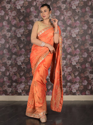 Rajwada Orange Embroiedered Crepe Saree Without Blouse For Women