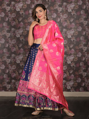 Rajwada Navy Blue Silk Blend Woven Semi-Stitched Lehenga with Stitched Blouse for Women